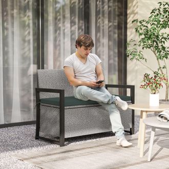 OUTSUNNY Rattan Garden Bench with Storage, Inner Bag, 151.5L Outdoor Bench in Grey