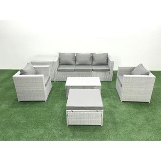 Fimous Rattan Garden Furniture Set with 3 Seater Sofa 2 Chair Rectangular Coffee Table Big Footstool Side Table Light Grey Mixed 6 Seater - Fimous