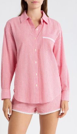 Open Edit Eyelet Trim Seersucker Cotton Pajama Top in Coral- Pink Hickory Stripe at Nordstrom, Size X-Small