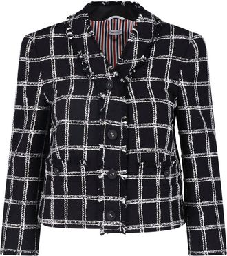 Thom Browne Cropped Black Windowpane Check Cotton-Blend Tweed Blazer