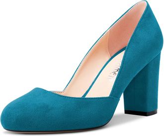 Castamere Women Chunky Block High Heel Round Toe Pumps Court Shoe Slip-on Office Party Dress 8.5 CM Heels Shoes Blue B 6 UK