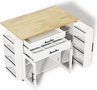 STILVORA Carrito De Cocina Con 2 Puertas De Vidrio, 2 Cajones, Encimera Abatible Y 5 Ruedas, Mdf, 120 X 45(70) X 90 Cm