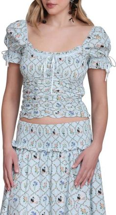 Avec Les Filles Floral Lattice Peasant Top in Blue Swan at Nordstrom, Size X-Small