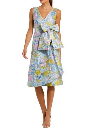 Mac Duggal Floral Brocade Sleeveless Statement Bow Midi Dress in Blue Multi at Nordstrom, Size 12