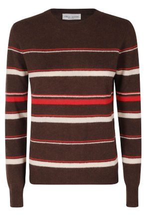 Roberto Collina Brown Striped Cashmere-Silk Crewneck Sweater