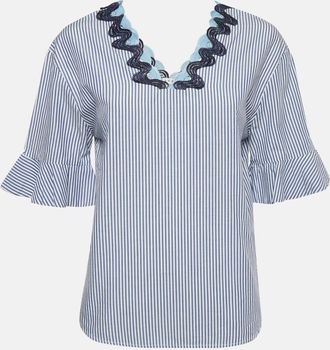 Sandro Blue Striped Cotton Neck Detail Blouse