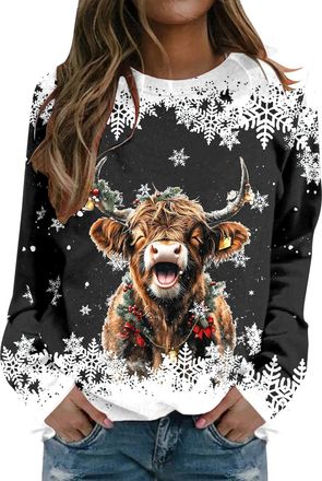 Generic Highland Cow Christmas Jumpers for Women Novelty Farm Animal Graphic Highland Cow Sweatshirt Long Sleeve Pullover Funny Ugly Xmas Sweater Jumper