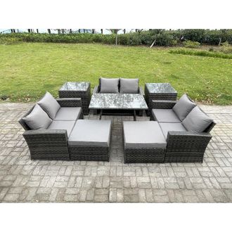 Fimous Outdoor Lounge Sofa Set Wicker pe Rattan Garden Furniture Set with Rectangular Dining Table 2 Seat Sofa 2 Big Footstool 2 Side Tables Dark Grey Mixed