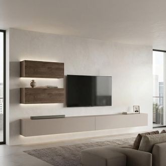 Dmora Parede Modular Suisio, Mueble Sala 4 Estantes, Personalizable, Puertas Abatibles, Beige
