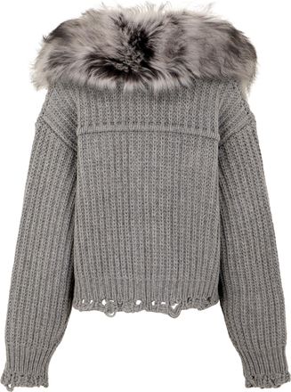 Blumarine Womens Cardigan With Fur Collar, Grey Wool Cardigans Sweater