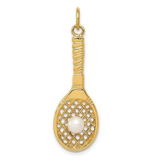 Diamond2Deal 14k Yellow Gold Tennis Racquet Freshwater Cultured Pearl Ball Charm Pendant