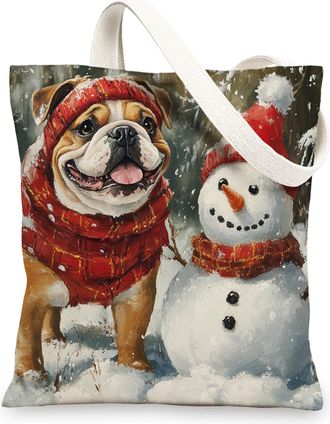 Generic Winter Christmas Bulldog Dog Canvas Tote Bag for Shopping 13x15, Snowman Xmas Puppy Pet Reusable Grocery Print Bag for Women, Holiday Beach Aesthetic 