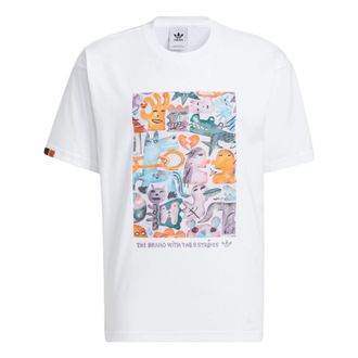 adidas Mens adidas originals Chest Pattern Cartoon Printing Round Neck Short Sleeve White T-Shirt HR6452