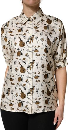 Dolce & Gabbana Womens Beige Musical Instrument Print Short Sleeve Top Silk