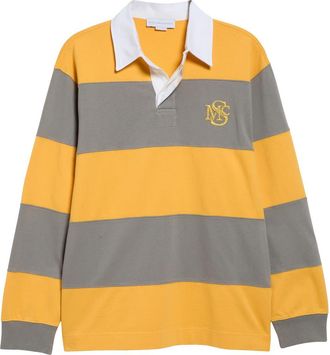 Stella McCartney Embroidered Crest Colorblock Stripe Long Sleeve Rugby Polo in Yellow/Taupe at Nordstrom, Size X-Small