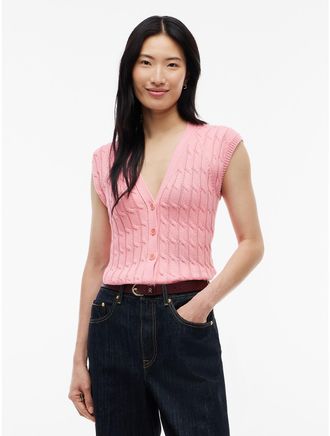 Tommy Hilfiger Womens Slim Fit Cable Knit Cardigan Vest - Carnation Pink - XXS