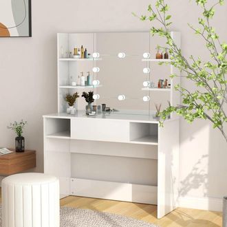 vidaXL Vidaxl - Tocador De Maquillaje Luces Led Mdf Blanco Brillo 100x40x135 Cm