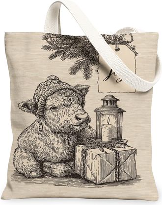 Generic Vintage Christmas Animal Canvas Tote Bags, Rustic Bear Illustration Lightweight Washable Shoulder Strap Reusable Grocery Ba, Beige, 13x15 Inch
