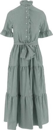 F.it Gestreept katoenen jurkje met rucheskraag - Dames - Shirt Kleedjes - Groen - 2XS - Katoen - Kleedjes
