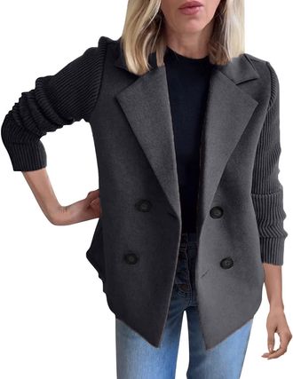 Generic Puffer Jackets Women Stylish Plus Size Coat for Women 2025 Fall Solid Lapel Button Open Front Knitted Long Sleeve Blazer Fashion Double Breasted Winte