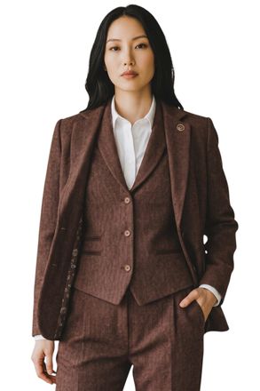TruClothing Womens Rust Brown Herringbone Wool Tweed Blazer Waistcoat 2 Piece Set - WS-1