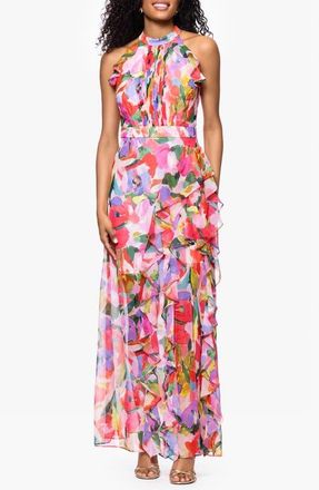 Betsy & Adam Floral High Neck Sheath Gown in Pink Multi at Nordstrom, Size 10