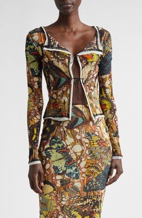 Jean Paul Gaultier Re-Edition Butterfly Print Mesh Cardigan in Yellow/Multicolor at Nordstrom, Size X-Small