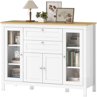 HOMCOM Credenza Cucina con Cassetti, Armadietti e Ante in Vetro Bianco e Rovere
