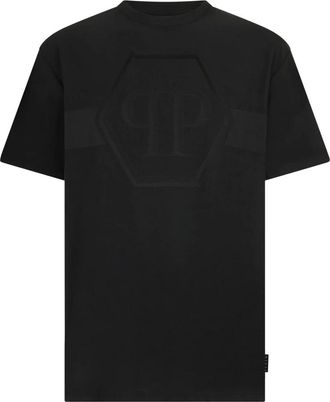 Philipp Plein Tops, Heren, Zwart, XS, Katoen, T-shirt met ronde hals Jacquard Hexagon Line