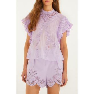 Farm Rio Lace Ruffle Sleeve Organic Cotton Top in Lilac at Nordstrom, Size Xx-Small