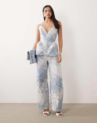 Asos Pantaloni bombati in jacquard blu a fiori in coordinato-Multicolore