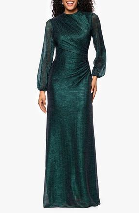 Betsy & Adam Metallic Crinkle Long Sleeve Sheath Gown in Black/Emerald at Nordstrom, Size 14P