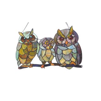 Chloe Lighting OLLIE Tiffany-glass Owls Family Window Panel 11x17