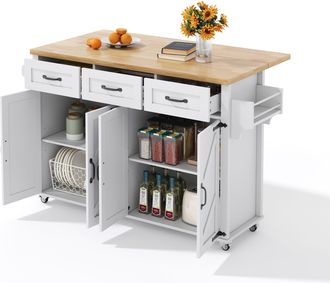 STILVORA Carro De Cocina Con 4 Puertas Y 3 Cajones, Encimera Abatible Y Portatoallas, En Mdf, 140x43(70)x90.5 Cm