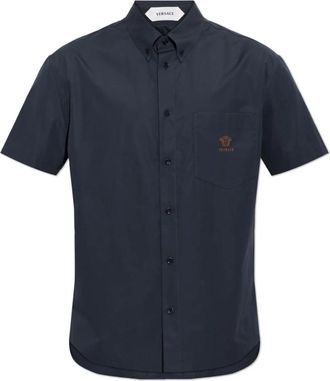 Versace Pocket Shirt - Heren - Korte mouwen Overhemden - Blauw - M - Katoen - Overhemden