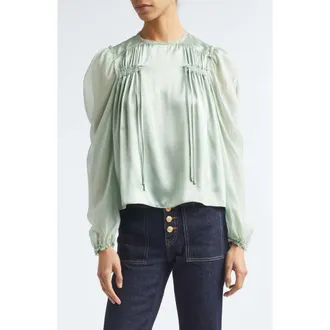 Ulla Johnson Odette Pleated Silk Sheer Balloon Sleeve Top in Celadon at Nordstrom, Size 00