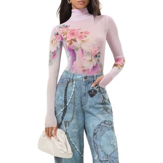 AFRM Zadie Turtleneck Printed Mesh Top in Marble Floral at Nordstrom, Size X-Small