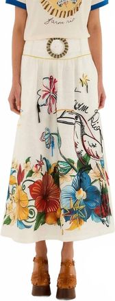 Farm Rio Tropi Embroidered Linen Skirt In Off-White