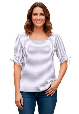 Jessica London Stretch Cotton Tie Sleeve Square Neck Tee in Lilac Feeder Stripe at Nordstrom, Size Medium