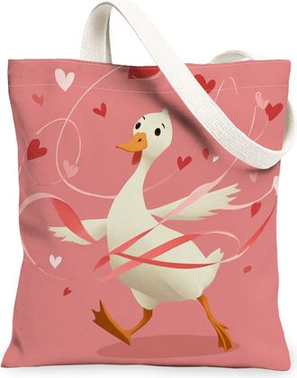 Generic ValentineS Day Duck Canvas Tote Bags, Adorable Animal Heart Pattern Reusable Bags, Spring Cute Lightweight Washable Should, Peach, 13x15 Inch