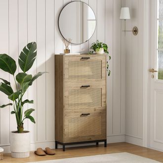 VonHaus 3 Tier Drawer Rattan Hallway Shoe Storage Cabinet in Natural