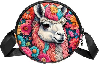 Generic Circle Crossbody Bag for Women, Color Drawing Alpaca Small Sling Bag Daypack with Zipper Adjustable Shoulder Straps Casual Ladies Girls Round Purse