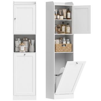 HOMCOM Homcom Armario Alto De Ba&ntilde;o Con Cesto De Ropa Sucia, Mueble De Ba&ntilde;o Estrecho Con Compartimentos Abiertos Y Estantes Ajustables, 40x30x170 Cm, Blanco