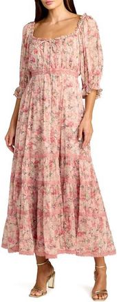 Mac Duggal Floral Printed Scoop Neck Midi Dress With 3/4 Sleeves in Pink Multi at Nordstrom, Size 14