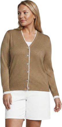 Lands End Plus Size Double Trim Cotton V-neck Cardigan Sweater in Vicuna Heather/white at Nordstrom, Size 1X