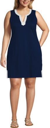 Lands End Plus Size Cotton Jersey Notch Neck Dress in Deep Sea Navy/white at Nordstrom, Size 3X