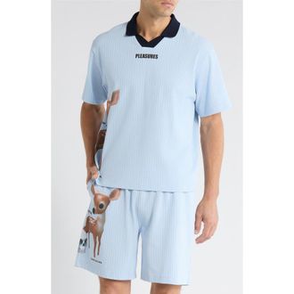 Pleasures Pet Pinstripe Graphic Cotton Polo in Blue at Nordstrom, Size Xx-Large