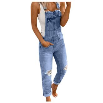 Generic Jeans Overalls Womens Dungarees Jeans Boyfriend Denim Overall Jumpsuit Used Look Summer Overall Stretch Denim Dungarees Jeans Overalls with Pockets Bi