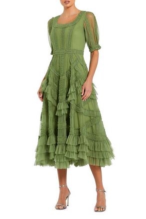 Mac Duggal Short Sleeve Micro Ruffle Midi Dress in Moss Green at Nordstrom, Size 16
