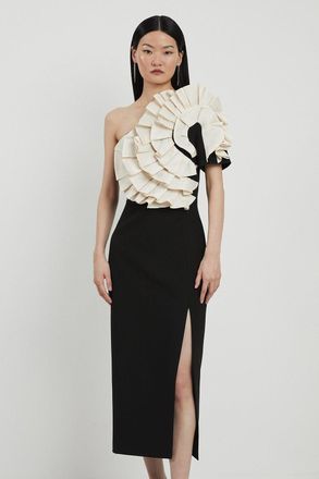 Karen Millen Womens Compact Stretch Taffeta Ruffle One Shoulder Midi Dress - Monochrome Multi - Size 12 UK